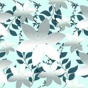 Puede incluir: Patrón continuo de grandes flores blancas con múltiples pétalos sobre un fondo azul claro. Hojas y enredaderas de color verde oscuro crean un fondo contrastante, formando un diseño floral. Adecuado para tela o papel pintado.