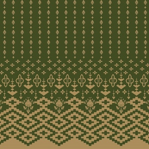 May include: An olive green and tan geometric pattern. The design features repeating diamond and floral shapes, with a textured, layered effect. The pattern is suitable for textiles or wallpaper.