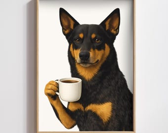 Kelpie Coffee Art Print – Australische werkhond muurkunst (digitale download)