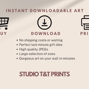 Op de afbeelding: Advertentie voor digitale kunstafdrukken met de tekst "Direct downloadbare kunst". Pictogrammen vertegenwoordigen kopen, downloaden en afdrukken. De tekst benadrukt geen verzendkosten, hoogwaardige JPEGs en een grote selectie aan formaten. De studio heet "STUDIO T&T PRINTS".