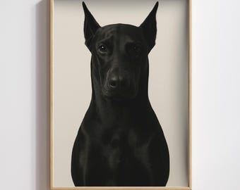 Minimalistische dobermanposter: strakke zwarte hondenprint, modern huisdierdecor