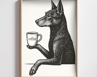 Kelpie Holding Coffee – Cadeau koffieliefhebber – Hondenmuurdecoratie (digitale download)
