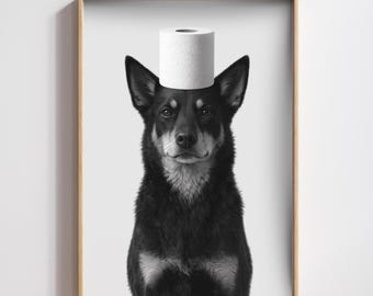 Grappig portret van Kelpie-hondentoiletpapier, humoristische kunst aan de muur huisdier (digitale download)
