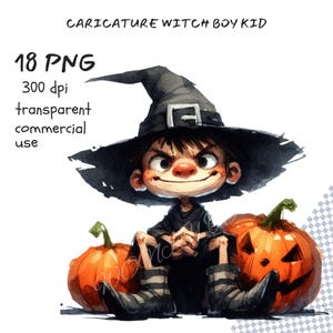 Könnte beinhalten: Aquarellillustration eines Cartoon-Hexenjungen mit schwarzem Hut und Outfit, der zwischen zwei orangefarbenen Kürbissen sitzt. Das Bild enthält den Text "CARICATURE WITCH BOY KID" und Details zur Bilddatei.
