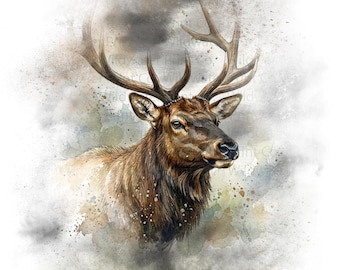 Elk Watercolor Clip Art PNG • Rustic Woodland Wildlife Illustration • Forest Deer Art