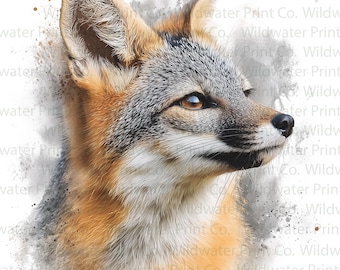 Immagine PNG di una volpe grigia in stile acquerello - Stampa di una volpe grigia - Decorazione murale con volpe - Regalo per amanti della natura - Download digitale