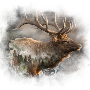 May include: A majestic elk with large antlers, depicted in a watercolor style. The elk's body is a blend of brown and tan, with a forest scene subtly layered within. The background features a smoky, artistic effect.