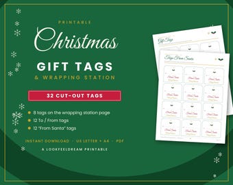 Printable Christmas Gift Tags, From Santa Tags, Cut Out Holiday Gift Labels, Wrapping Station Checklist, Letter & A4 PDF, Instant Download
