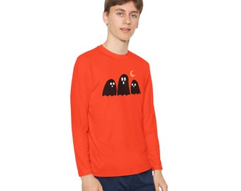 Camiseta infantil de manga comprida com estampa de fantasma preto para o Halloween, camiseta juvenil de alta performance, camiseta fofa com estampa de fantasma, camiseta infantil para "Doces ou Travessuras".