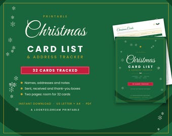 Lista de Cartões de Natal para Imprimir, Organizador de Endereços, Registro de Cartões de Natal, Checklist de Enviados e Recebidos, Formato Carta e PDF A4, Download Imediato