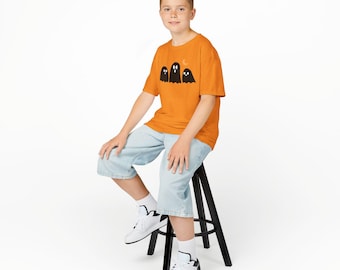 Camiseta infantil de Halloween com fantasma preto, camiseta juvenil de Halloween, camiseta fofa com estampa de fantasma, camiseta infantil para "Doces ou Travessuras", presente de Halloween para o outono