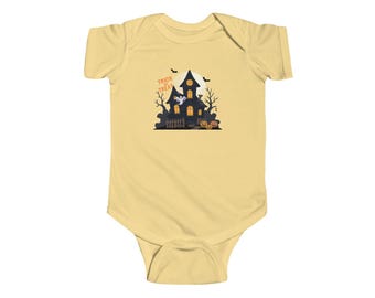 Body de bebê "Doces ou Travessuras" com tema de casa assombrada, roupa de bebê para o Halloween, conjunto assustador de bebê com morcego fantasma, presente de Halloween para recém-nascido