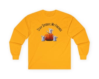 Camiseta de manga comprida "Stay Spooky My Friends", camiseta unissex divertida de Halloween, camiseta de manga comprida com estampa de fantasma fofo, presente de Halloween para o outono.