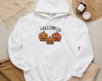 Moletom com Capuz "Feliz Halloween com Três Abóboras", Moletom Pulôver de Abóbora de Outono, Moletom Fofo de Halloween, Presente de Halloween, Moletom de Outono