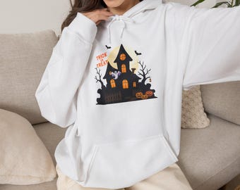 Moletom com capuz "Casa Assombrada Doces ou Travessuras", Moletom com capuz de Halloween, Moletom com capuz de fantasma e morcego de casa assombrada, Presente de Halloween, Moletom com capuz de outono