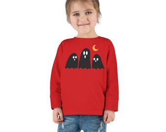Camiseta de manga comprida para bebê com fantasma preto, camiseta infantil de Halloween, camiseta fofa com estampa de fantasma, roupa para bebê para "doces ou travessuras", presente de outono