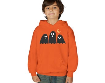 Moletom infantil com capuz e estampa de fantasma preto para o Halloween, moletom juvenil para o Halloween, blusa de moletom fofa com estampa de fantasma, moletom aconchegante para "doces ou travessuras", presente de outono