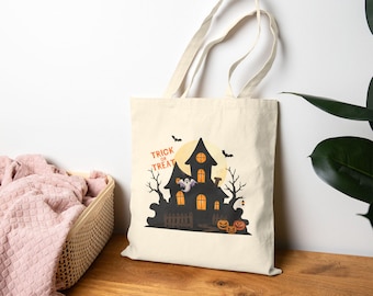 Sacola de lona para doces ou travessuras com tema de casa assombrada, sacola de lona para o Halloween, sacola com estampa de casa assombrada, fantasma e morcego, presente de Halloween, sacola para doces ou travessuras