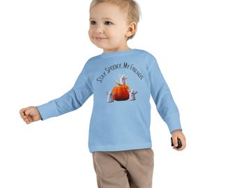 Camiseta de manga comprida "Stay Spooky My Friends" para bebês, camiseta infantil divertida de Halloween, camiseta fofa com estampa para bebês, roupa para "doces ou travessuras", presente de outono