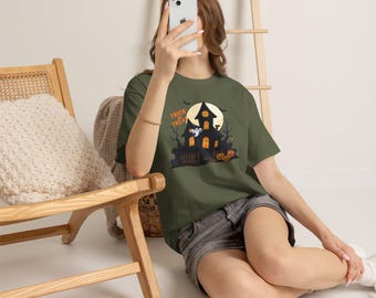 Camiseta "Doces ou Travessuras" para Casa Assombrada, Camiseta de Halloween, Camiseta Fantasma Morcego para Casa Assombrada, Presente de Halloween, Camiseta de Outono para o Halloween