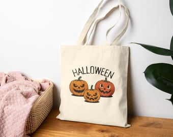 Sacola de lona com estampa de três abóboras para o Halloween, sacola fofa de Halloween, sacola para doces ou travessuras, presente de Halloween