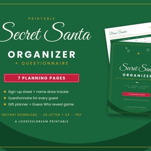 Modèle imprimable pour un Père Noël secret, planificateur d'échange de cadeaux, questionnaire, suivi du tirage au sort des noms, feuille d'inscription, fête familiale au bureau, format A4