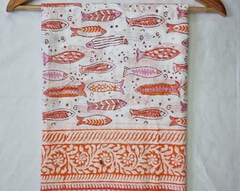 Hand Block Print Cotton Sarong: Indian Fish Print Beach Cover-Up
