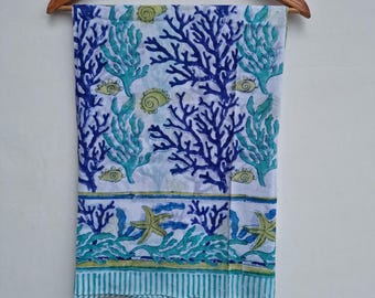 Hand Block Print Cotton Sarong, Beach Wrap, Ocean Design