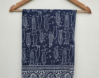 Indigo Fish Print Sarong: Hand Block-Printed Cotton Beach Cover-Up