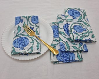Blue Green Floral Handmade Napkin Set, Hand Block Printed Napkins, Cotton Cloth Fabric Napkins, Kitchen Decor Napkins