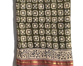 Green Base Block Printed Sarong 44x72 Inches | Blue Floral Soft Cotton Wrap | Beach Cover Up | Bohemian Style