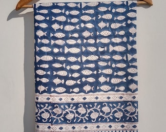 Blue Indian Block Print Sarong, Sarong Beach Wrap, Cotton fish Sarong, Pareo, Summer Beach Wear, Vacation Shawl, Swimwear Coverup |