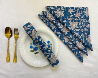 Blue And White Indian Block Print Napkins, Floral Cotton Dinning Table Daily Use Napkins , Farmhouse Wedding Event Home Party Napkins 20x20