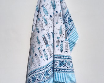 Indian Blue Fish Block Print Sarong Beach Sarong Soft Cotton Scarf Summer Pareo Assorted Wholesale Lot Gift For Her