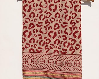 Indian Zari Border Block Print Sarong, Red Beach Wrap, Boho Vacation Cover Up, Soft Cotton Scarf Shawl Women’s Boho Wrap Skirt