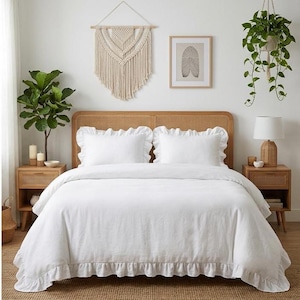 Romantic White Ruffle Duvet Cover • Washed Linen Boho Bedding Set • Vintage Shabby Chic Frill Comforter Cover with Ruffled Pillowcases