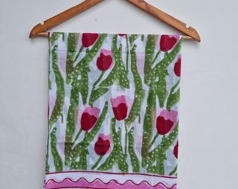 Hand Block Printed Cotton Sarong, Floral Beach Cover-Up