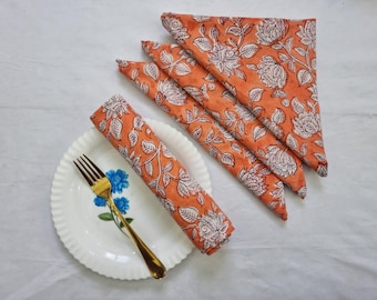 Floral Block Print Cotton Napkins, Vintage Botanical Table Cotton, Cottagecore Table Decor, Romantic Dining, Napkins For Wedding