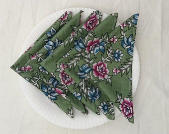 Agate Green Indian Hand Block Printed Napkins with 100% Pure Cotton for Housewarming Wedding