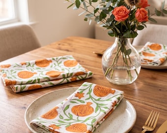 Servilletas de tela con estampado de granada naranja, mantelería de algodón suave con motivos botánicos, decoración rústica de estilo granja para el comedor, vajilla para uso diario.