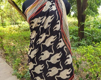 Indian Tiger Block Print Sarong, Sarong Beach Wrap, Cotton Zari Border Sarong,, Summer Beach Pareo,  Mothers Day Valentines Birthday Summer
