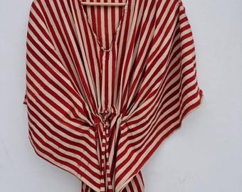 Cotton Block Prin Red White Striped Kaftan Dress: Boho Beach Cover-Up