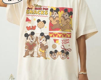 Camiseta vintage de Disney "Just Here For Snacks Comfort Colors", camiseta retro de Chip y Dale con Mickey y gofres, regalo de vacaciones para amantes de la comida en familia de Disney