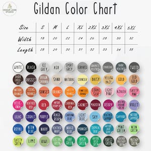 Puede incluir: Una carta de colores Gildan con una gama de colores, desde blanco y negro hasta varias tonalidades de azul, verde y naranja. La tabla incluye una gu&iacute;a de tallas con medidas en cm, de la S a la 5XL, que indica el ancho y el largo.