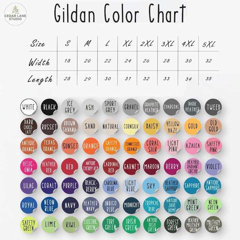 Puede incluir: Una carta de colores Gildan con una gama de colores, desde blanco y negro hasta varias tonalidades de azul, verde y naranja. La tabla incluye una gu&iacute;a de tallas con medidas en cm, de la S a la 5XL, que indica el ancho y el largo.