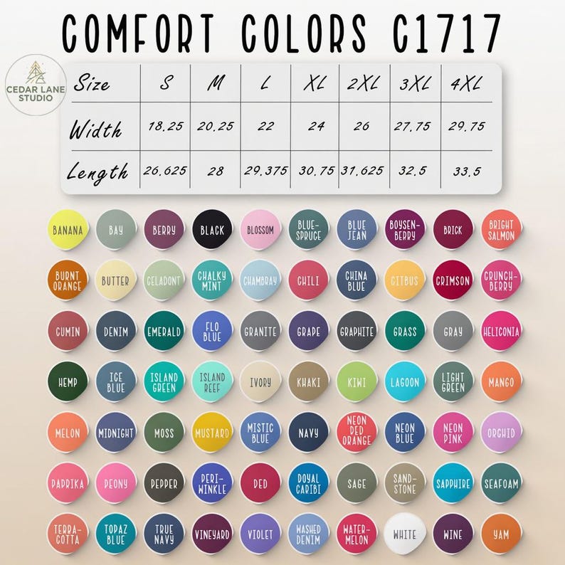 Puede incluir: Tabla de colores para ropa Comfort Colors C1717, con tonos como Banana, Negro y Denim. La tabla incluye tallas y medidas, con anchos de 46,35 cm a 75,57 cm y largos de 67,63 cm a 85,09 cm. El texto dice 'COMFORT COLORS C1717'.