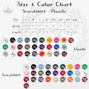 Puede incluir: Tabla de tallas y colores para sudaderas y sudaderas con capucha. La tabla muestra las tallas S a 5XL, con medidas de ancho de 50,8 a 86,36 cm y largos de 68,58 a 86,36 cm. Las opciones de color incluyen Ash, Black, Carolina Blue, etc.