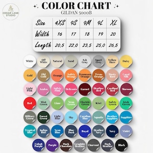 Puede incluir: Una carta de colores para camisetas Gildan 5000B, con una variedad de colores y tallas. La tabla incluye tallas de 4XS a XL, con anchos de 16 a 20 pulgadas (40,6 a 50,8 cm) y largos de 20,5 a 26,5 pulgadas (52,1 a 67,3 cm).