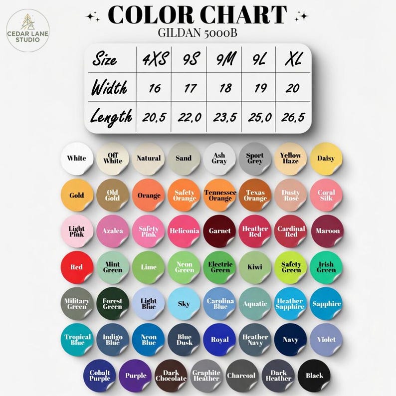 Puede incluir: Una carta de colores para camisetas Gildan 5000B, con una variedad de colores y tallas. La tabla incluye tallas de 4XS a XL, con anchos de 16 a 20 pulgadas (40,6 a 50,8 cm) y largos de 20,5 a 26,5 pulgadas (52,1 a 67,3 cm).