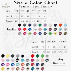 Puede incluir: Tabla de tallas y colores para bodies de beb&eacute; y ni&ntilde;o peque&ntilde;o. Incluye tallas 2T a 7T para ni&ntilde;os peque&ntilde;os y NB a 24M para beb&eacute;s. Presenta una variedad de colores y medidas en cm.